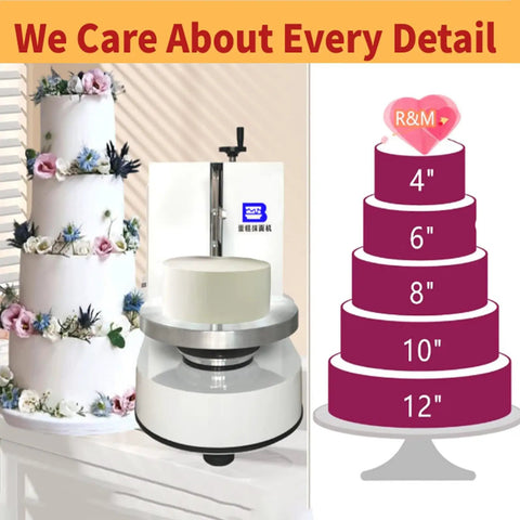 Electric Cake Frosting Machine 200W with 4 to 12 Inch Adjustable Rotating Cake Turntable shown with cake examples