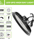 UFO LED High Bay Light 200W side view, 30,000 lumens at 5000K daylight, dimmable 1-10V, advertised features and specs