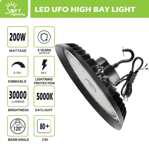 UFO LED High Bay Light 200W side view, 30,000 lumens at 5000K daylight, dimmable 1-10V, advertised features and specs