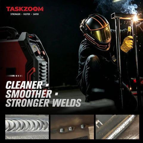 135A MIG Welder 110V With Large LED Display Three In One Flux Core Welder Lift TIG And Stick in action, welding metal frame.