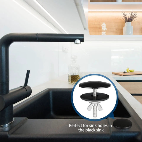 Top Notch Black Kitchen Sink Hole Cover Plugs For Standard Counter Drain Openings Two Pack Stainless Steel Swap Pieces, shown in black sink.