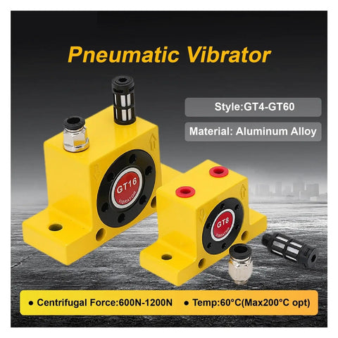 Industrial Pneumatic Vibrator With Air Turbine Hopper Flow Aid For Silos And Bins Rotary Material Discharge Booster Heavy Duty High Temp Ready Compact Silo Design GT30 GT32 GT36 Series yellow aluminum alloy GT16 and GT8 units