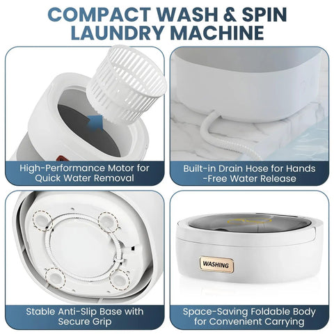 No Sweat Compact Portable Washer With 15L Spin Basket Designed For Underwear Socks And Delicate Clothes Easy Pack Away Design showcasing motor and drain hose features.