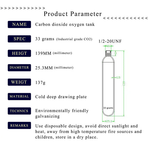 Specifications for Rearming CO2 Cylinder Kit for Auto and Manual Inflatable Life Jackets and Vests 33 Gram Cartridges.