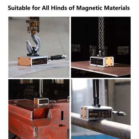 Heavy Duty Permanent Magnetic Lifter With 2200 Lb Capacity Built Dang Tough for handling steel plates, shown in industrial setting.