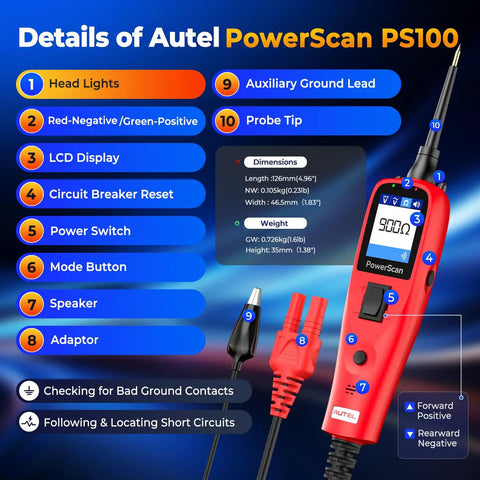 PowerScan PS100 Circuit Tester 2 Point 0 12 24V Automotive Electrical Probe Tool For DIYers And Pros Fast Diagnostics Live Circuit Testing Ground Check Clip Probes Troubleshooting Made Easy, red handheld tester with probe and clip