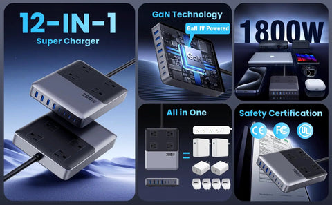 12 In 1 Desktop Charging Station with 200W GaN IV USB C Power Block, four AC outlets, eight USB ports, shown with devices and safety certifications.