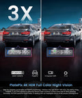 Comparison of car rear views showing enhanced license plate clarity with the 4K Triple Dash Cam System With Dual 1080P Cameras.