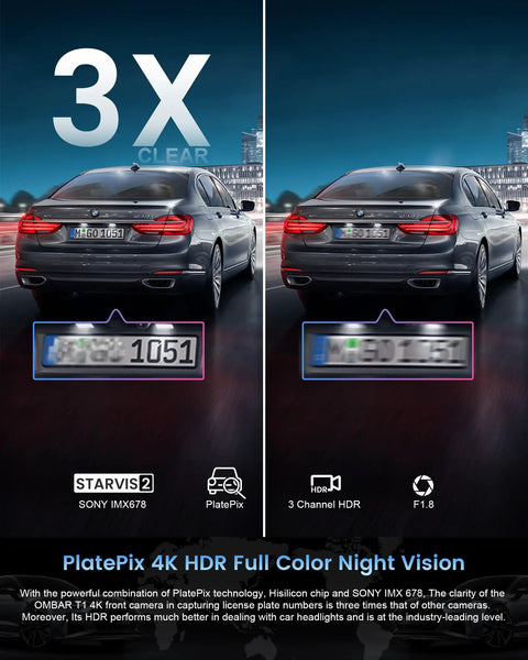Comparison of car rear views showing enhanced license plate clarity with the 4K Triple Dash Cam System With Dual 1080P Cameras.