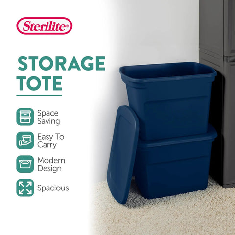 No Sweat 18 Gallon Plastic Storage Totes With Secure Snap Lids 32 Pack stacked navy blue bins for organizing clothes and linens.