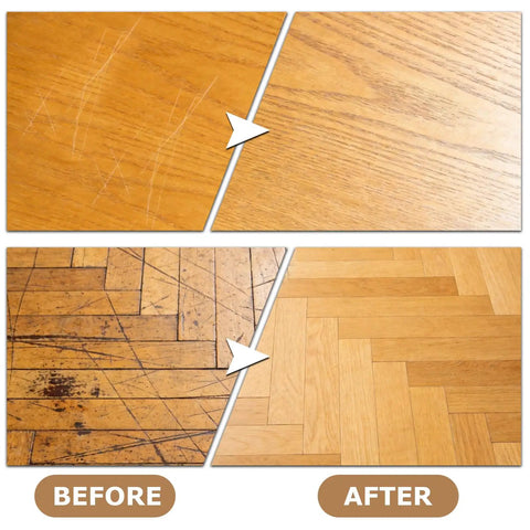 Before and after using Two Piece Wood Repair Kit For Floors And Furniture Repair Scratches And Nicks Easy Fix That Restores Finish