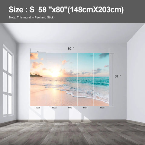 Self Adhesive Canvas Wall Mural 58 By 80 Inches Five Panels 58 By 16 Each Epic Tropical Rainforest Jungle Landscape Misty Enchanted Forest Scene Waterproof Durable Easy To Care Wall Art For Living Room installed on white wall showing beach sunset scene.