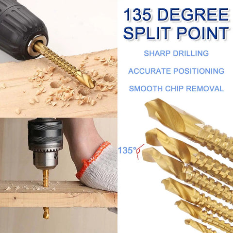 Eight Pack Titanium Coated High Speed Steel Twist Drill Bits Three To Ten Millimeter Size Serrated Grooving Bits in use on wood