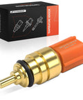 Close-up of A-Premium 4-pin engine coolant temperature sensor with brass body and orange plastic connector