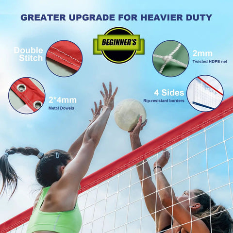 Heavy Duty Outdoor Volleyball Net 32X3FT Net Only With All Weather HDPE UV Treated Stainless Cable Reinforced Borders Waterproof Nylon Coated Edges Built For Indoor And Outdoor Play, highlighting double stitch and rip-resistant borders.