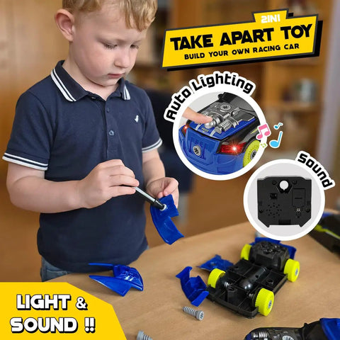 Child assembling 26 Piece Take Apart Racing Car Set With Electric Drill Lights And Sounds Hands On STEM Building Toys For Kids