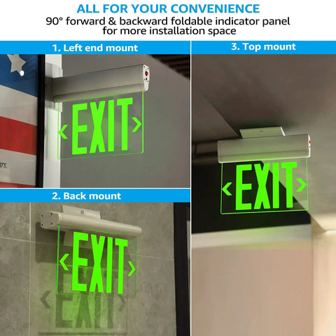 Green LED Edge Lit Emergency Exit Sign With Battery Backup No Fuss UL 924 Double Sided Rotating Acrylic Panel Hardwired Exit Light