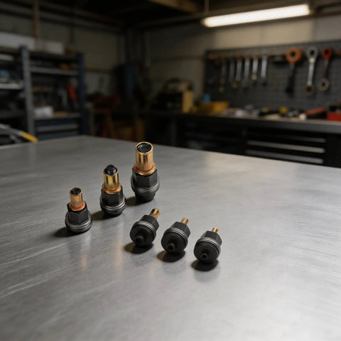 Cool M3 To M10 Rivet Nut Assortment Kit With Six Replacement Mandrel Tips For Metal, Robust Carbon Steel Threaded Inserts And Manual Riveter Tool Accessories Made To Last In Any Garage Or Workshop. Six carbon steel rivet nut mandrel tips on workshop table