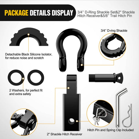2 Inch Shackle Hitch Receiver Set With Three Quarter Inch D Ring, 45000 Lb Break Strength, Trailer Pin, kit details