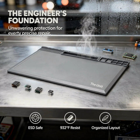 Pro Grade Silicone Electronics Repair Mat With Heat Resistant Anti Static Surface For Soldering shows organized layout on table.