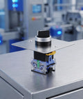 Rock Solid Three Position Rotary Switch With Brushed Stainless Steel One Hole Panel Plate, mounted on a metal surface.