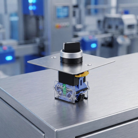 Rock Solid Three Position Rotary Switch With Brushed Stainless Steel One Hole Panel Plate, mounted on a metal surface.
