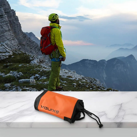 5L Rope Storage Pouch With Quick Draw Tower for climbing, orange pouch on rock background, water resistant polyester material