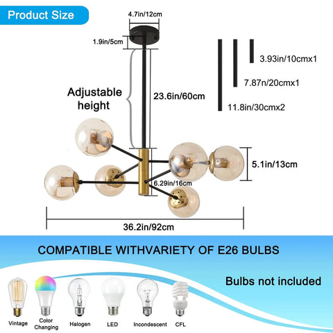 Six Light Amber Glass Globe Sputnik Chandelier With Dope Black And Gold Industrial Pendant Lighting size diagram