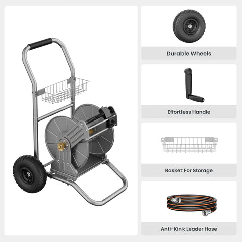 Heavy Duty Garden Hose Reel Cart With Wheels, All Weather Metal Frame, 200 Feet Of One Half Inch Hose Capacity, Leak Proof Brass Connector