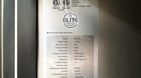 Label details on Built Tough Commercial Pizza Prep Table Refrigerator, 90 Inch Stainless Steel Workcounter, ETL Certified.
