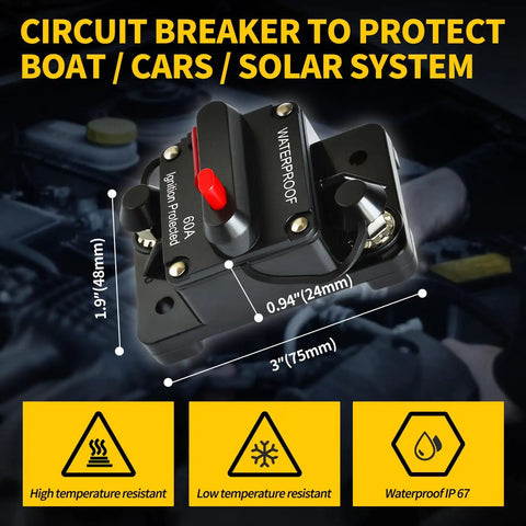 60 Amp DC Circuit Breaker for Marine and Automotive Systems IP67 Waterproof, dimensions shown, in automotive setting