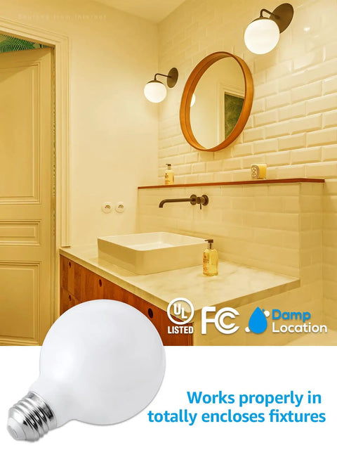 G25 Globe LED Dimmable Vanity Bulbs For Bathroom Frosted Edison Style Glow Soft White Vibe 4.5W 60W Equivalent 500 Lumens E26
