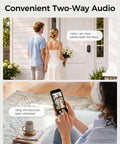 Rock Solid WiFi Video Smart Lock With 5 In 1 Keyless Entry Featuring Quick Fingerprint Scan Built In Doorbell And Hd Camera showing two-way audio use, couple at door and phone unlocking.