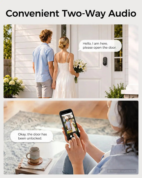 Rock Solid WiFi Video Smart Lock With 5 In 1 Keyless Entry Featuring Quick Fingerprint Scan Built In Doorbell And Hd Camera showing two-way audio use, couple at door and phone unlocking.