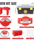Hard Hat Approved 50 Piece Lockout Tagout Kit Featuring OSHA Compliant Safety Padlocks layout showing dimensions and components.
