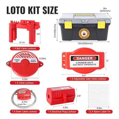 Hard Hat Approved 50 Piece Lockout Tagout Kit Featuring OSHA Compliant Safety Padlocks layout showing dimensions and components.