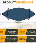 Diagram of Ultra Light Travel Hammock With Pop Up Net 660Lb Capacity Breathable Quick Dry Parachute Nylon dimensions in cm and kg.