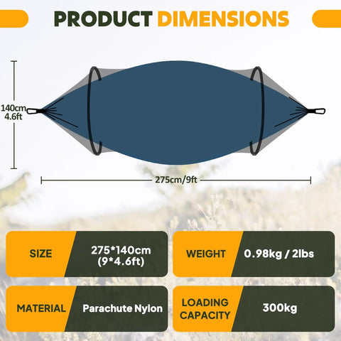 Diagram of Ultra Light Travel Hammock With Pop Up Net 660Lb Capacity Breathable Quick Dry Parachute Nylon dimensions in cm and kg.