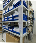 Sleek Shelf Document Holder And Label Organizer Rack For Warehouse Supplies And Badges, wall mounted, showing organized blue bins.