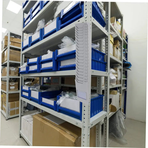 Sleek Shelf Document Holder And Label Organizer Rack For Warehouse Supplies And Badges, wall mounted, showing organized blue bins.