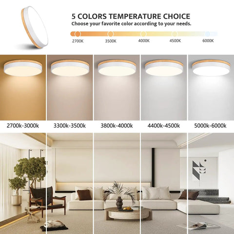 Wooden Flush Mount Ceiling Light With Dimmable LED 5CCT 2700K 6000K Round 16 Inch Ceiling Fixture For Kitchen Living Room Dining Room And Bedroom Modern Farmhouse Style Easy Install And Brilliance Control Lit