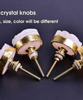 Rose Quartz Crystal Cabinet Knobs Set of 4 Gold Plated Round Dresser and Cupboard Drawer Handles on black background