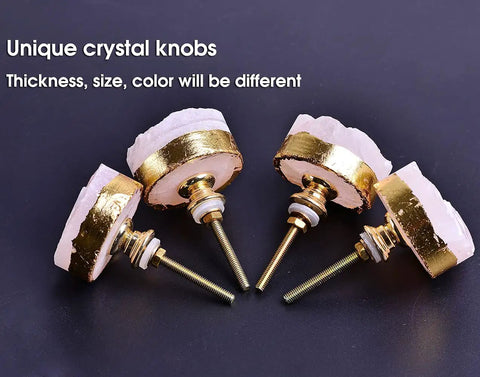 Rose Quartz Crystal Cabinet Knobs Set of 4 Gold Plated Round Dresser and Cupboard Drawer Handles on black background