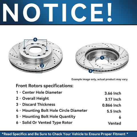 Front Brake Kit With Drilled And Slotted Rotors And Ceramic Pads For Chevy GMC Silverado Suburban Express Sierra Savana Yukon XL 1500 And Cadillac Escalade ESV EXT XTS Heavy Duty Brakes 12.99 Inch Rotors For Your Rig shown with specifications chart