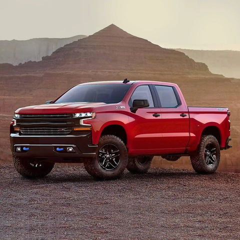 Front view of red Chevy Silverado 1500 with Blue Front Tow Hook Covers Set Of 2 For 2007 To 2024 Chevy Silverado 1500 Hitch Cover
