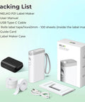 Super Slick Wireless Bluetooth Label Maker With Three Tape Rolls And Protective Case Ultra Compact Pocket Printer, packing list display.