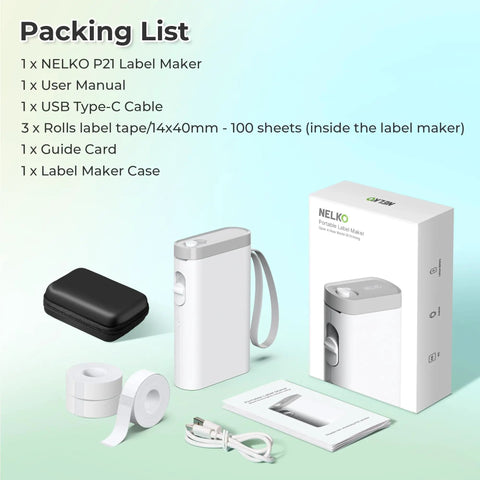 Super Slick Wireless Bluetooth Label Maker With Three Tape Rolls And Protective Case Ultra Compact Pocket Printer, packing list display.