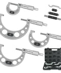 Pro Grade Outside Micrometer Set With Four 0-1 Inch, 1-2 Inch, 2-3 Inch, 3-4 Inch Ranges, 0.0001 Inch Graduation, Alloy Precision Machinist Tools In Durable Case Gray, with open case displayed.