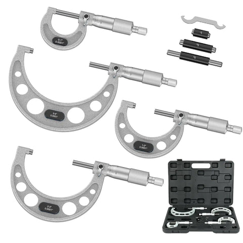 Pro Grade Outside Micrometer Set With Four 0-1 Inch, 1-2 Inch, 2-3 Inch, 3-4 Inch Ranges, 0.0001 Inch Graduation, Alloy Precision Machinist Tools In Durable Case Gray, with open case displayed.