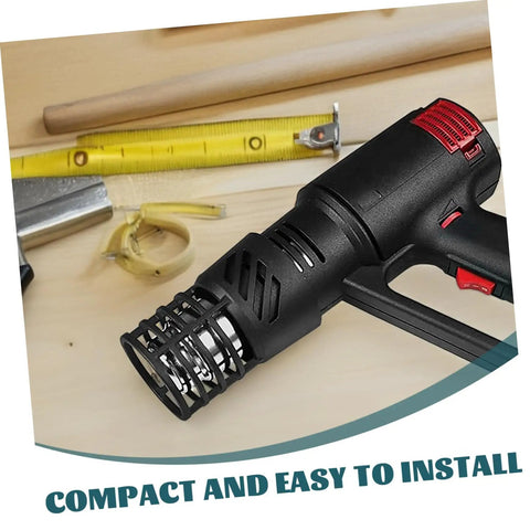 Heat Resistant Hot Air Tool Cover And Guard Cage on a hot air tool with wooden tools in the background, compact and easy install.
